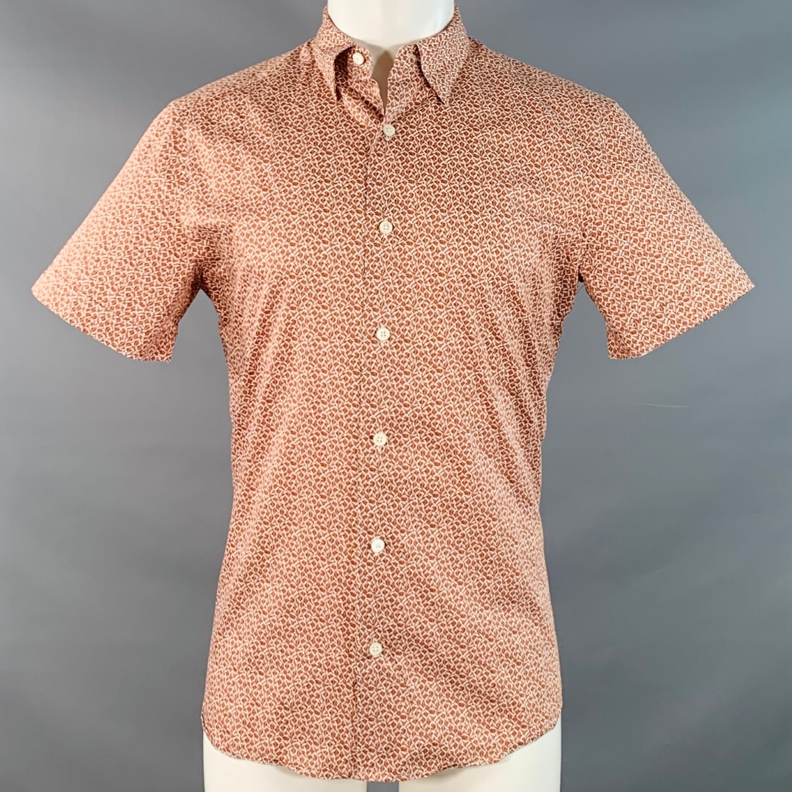 Ermenegildo Zegna Size M White Rust Abstract Cotton Short Sleeve Shirt